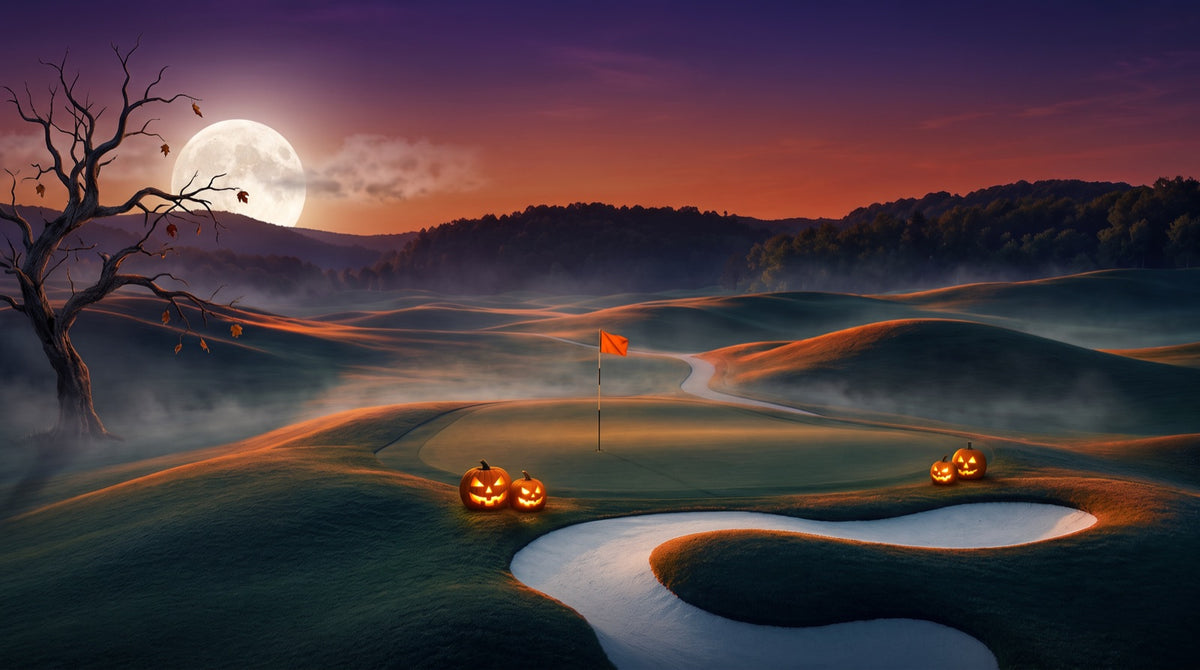 Golf course green at dusk under a full moon with glowing jack-o'-lanterns beside the bunker