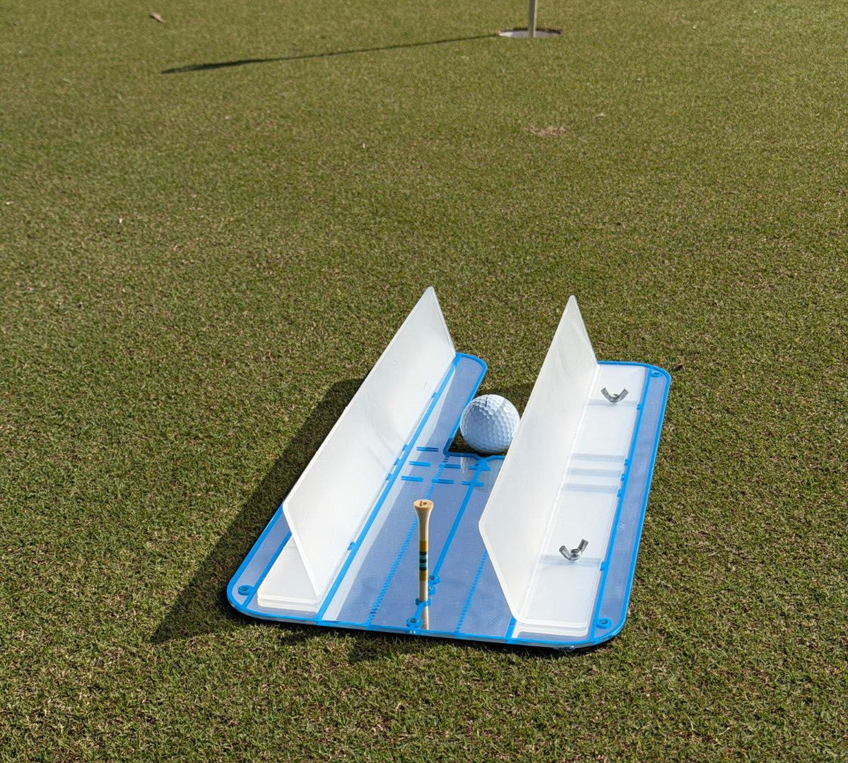 Putting Mirror Pro on the green with ball and tee, lined up to the flag