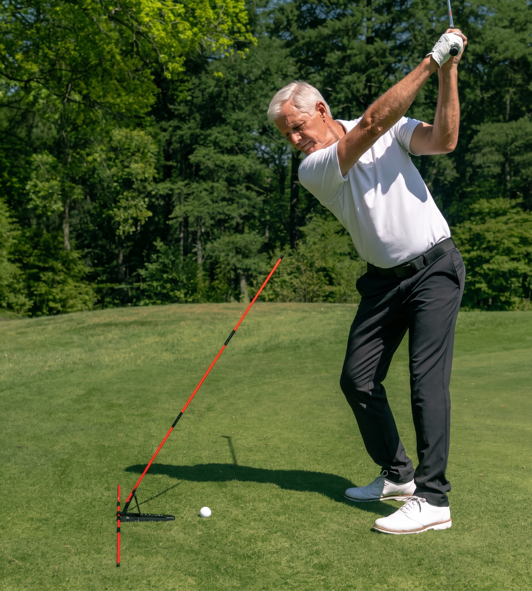 Senior golfer at the top of the backswing using the Swing Plane Pro on the course